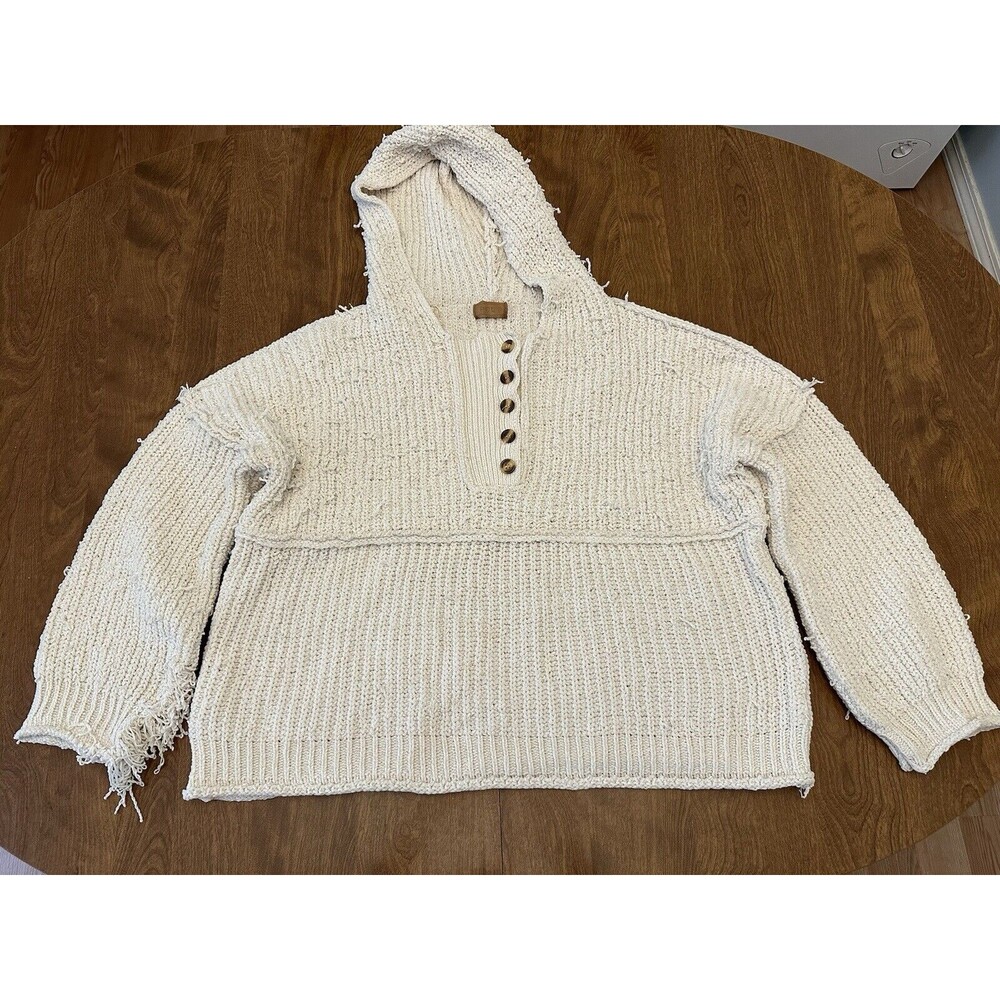POL Sweater Womens Large Ivory Shredded Oversized Chunky Chenille Cropped Hooded